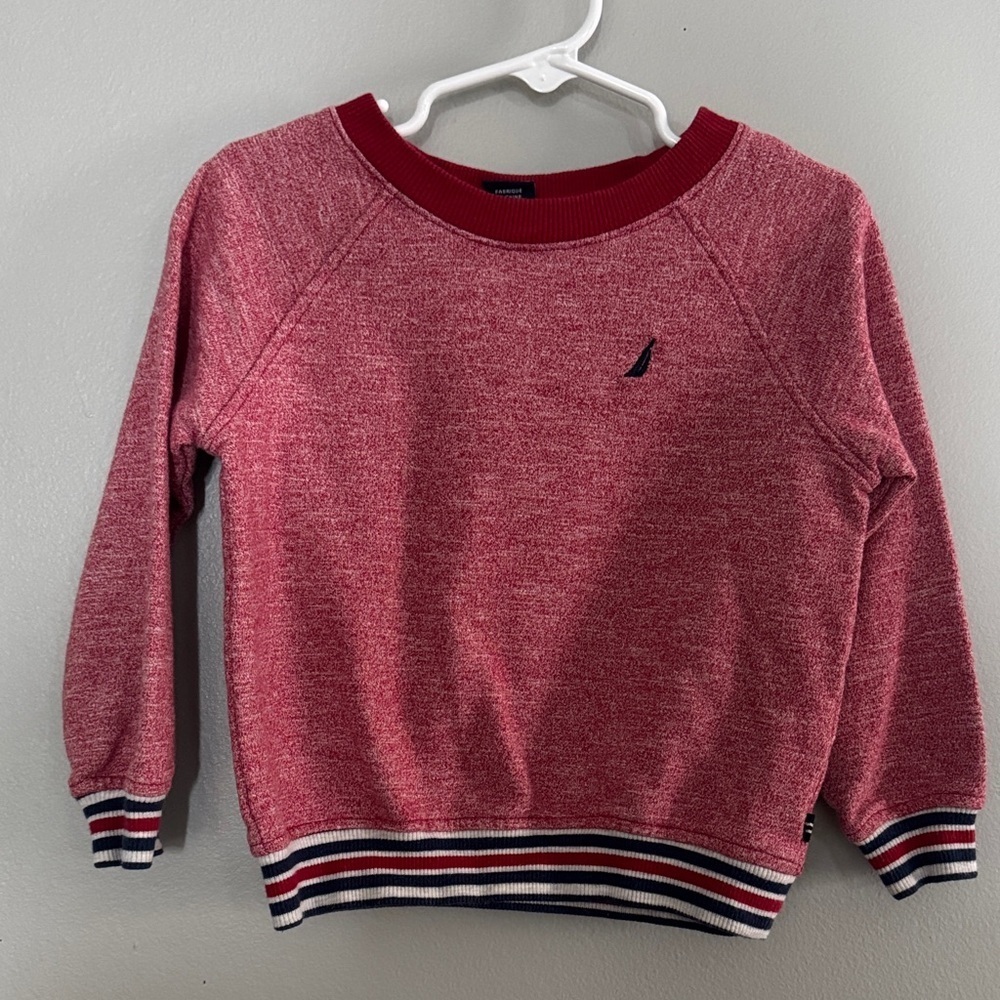 Nautica Red Crewneck Sweater with Striped Hem